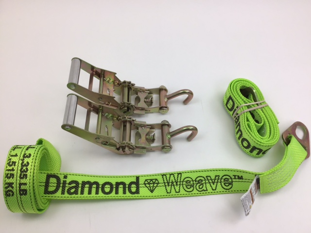 Two Pack Mini 10,000 lb 6 inch Ratchet with Finger hook and Hi-Viz Green Diamond Weave 8ft Oval Hole Strap with Free USPS Shipping